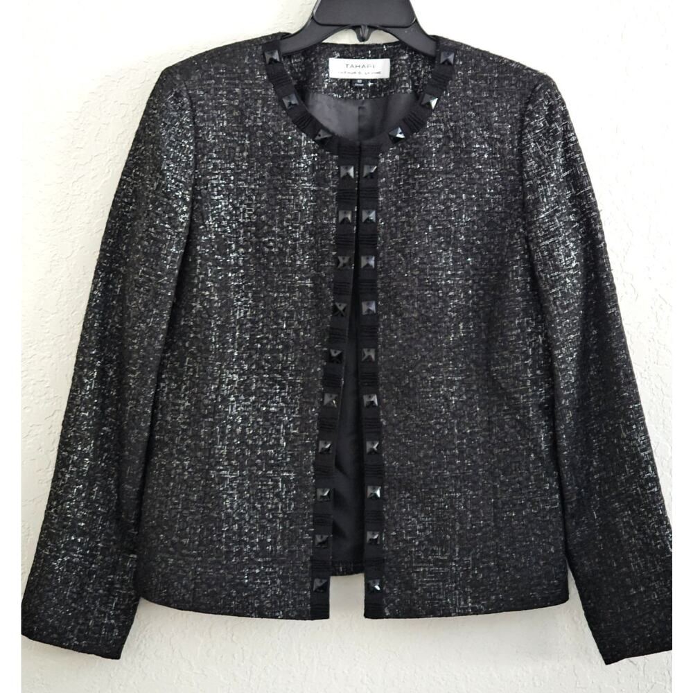 Jacket/Suit Jacket-Tahari-Black Silver Metallic-No Buttons-Long Sleeves-SZ 10